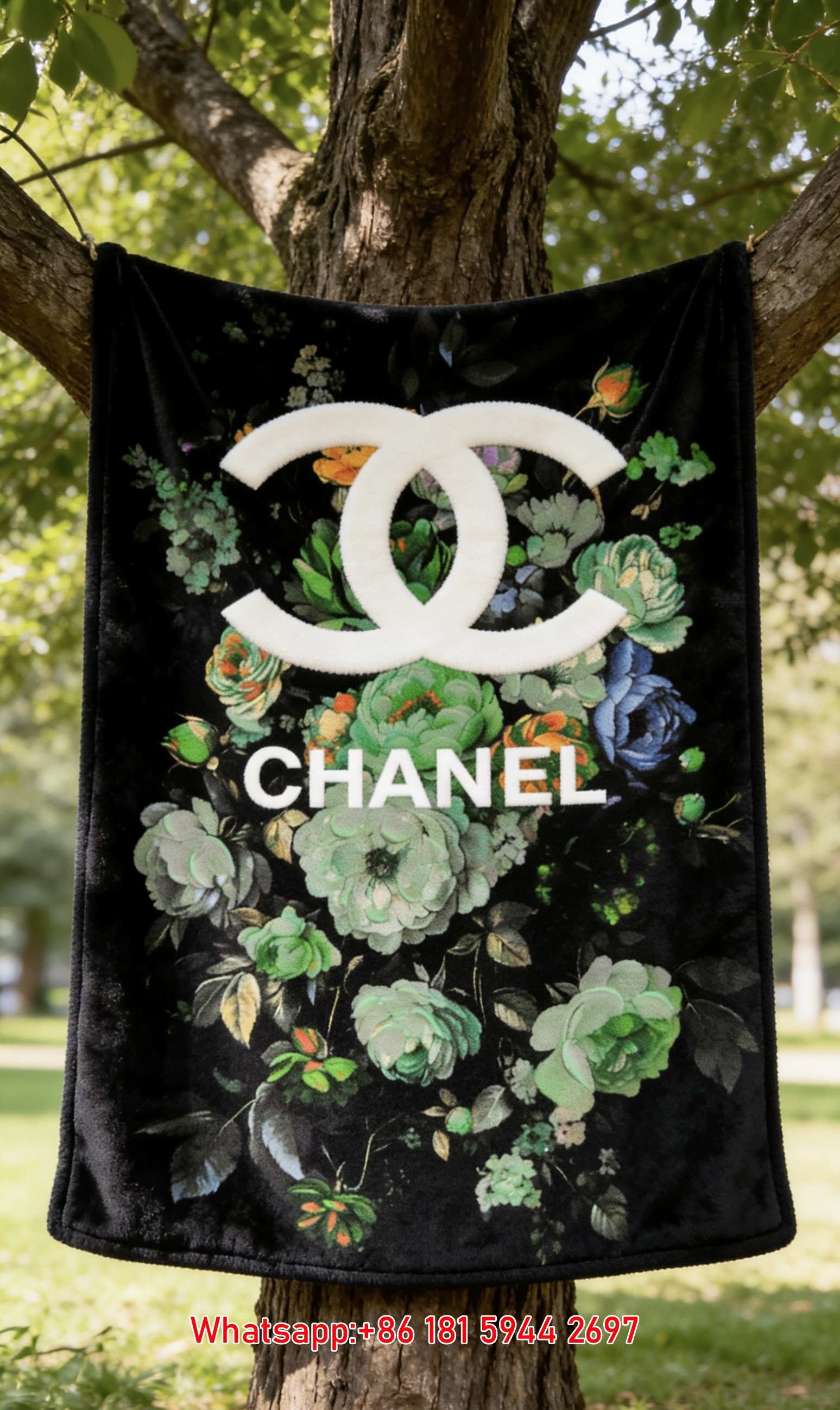 Chanel White CC Logo Green Floral Flannel Throw Blanket IMG_6867